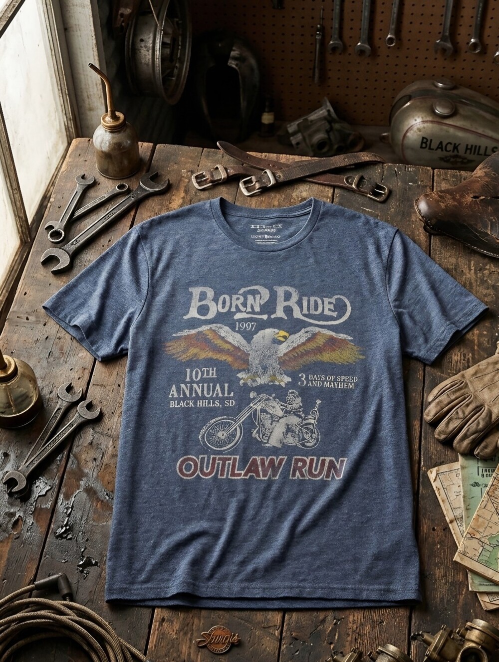 Lucky Brand Born To Ride Outlaw Run Motorcycle Graphic Tee Shirt Men's